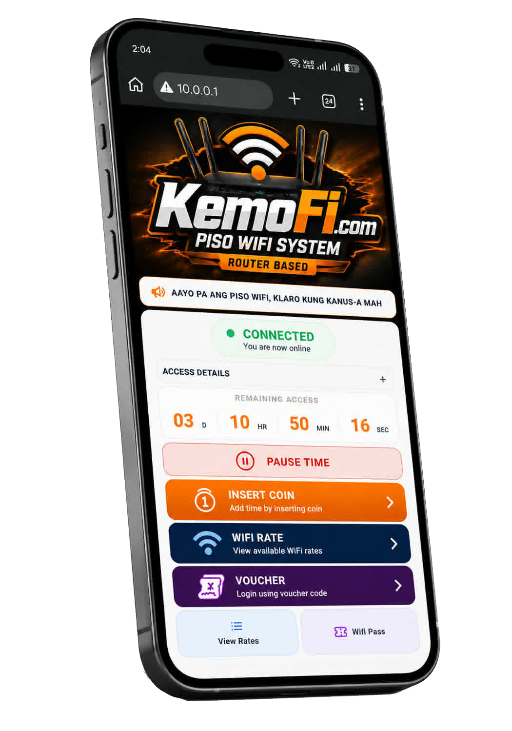 KemoFi Piso WiFi customer portal on a phone